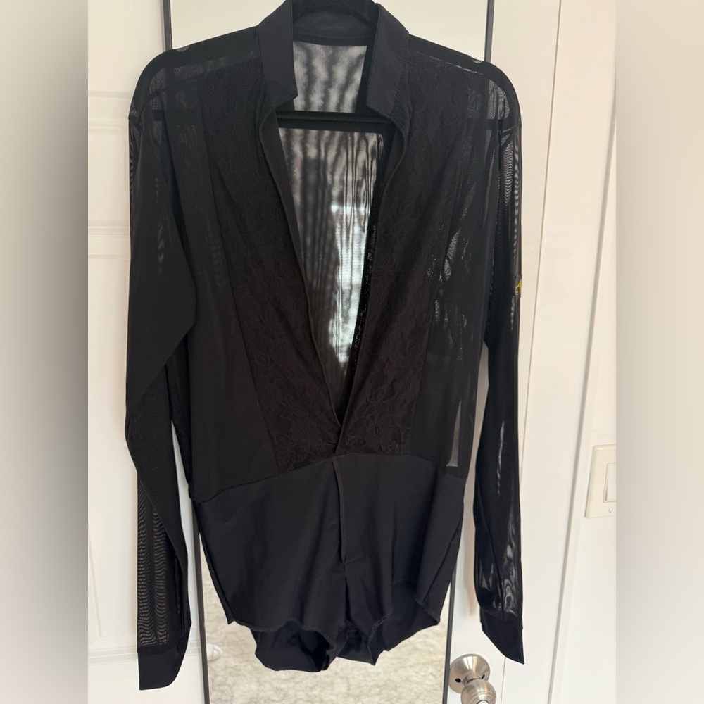 Men’s Black Sheer Bodysuit with Lace Detail for latin dance